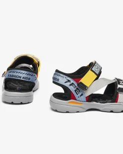 Royalfashion Szare chłopięce sandałki z kolorowymi wstawkami i napisami Reberik