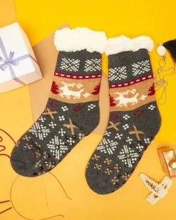 Royalfashion Szare damskie skarpetki ze świątecznym wzorem