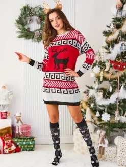 Royalfashion Szaro-czerwona damska sukienka w swetrowym stylu