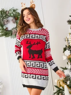 Royalfashion Szaro-czerwona damska sukienka w swetrowym stylu