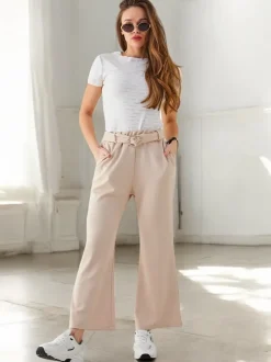 Royalfashion Szerokie spodnie materiałowe damskie z ozdobnym paskiem