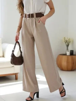 Royalfashion Szerokie spodnie damskie z paskiem