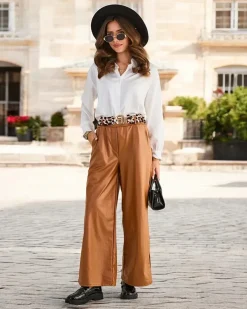 Royalfashion Szerokie spodnie damskie eko skórzane