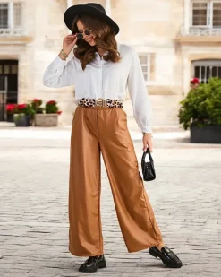 Royalfashion Szerokie spodnie damskie eko skórzane