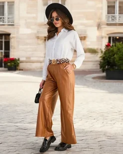 Royalfashion Szerokie spodnie damskie eko skórzane