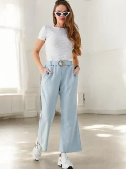 Royalfashion Szerokie spodnie materiałowe damskie z ozdobnym paskiem