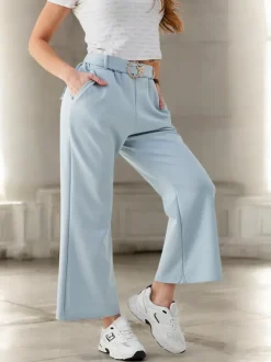 Royalfashion Szerokie spodnie materiałowe damskie z ozdobnym paskiem