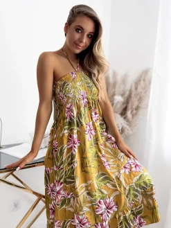 Royalfashion Żółta damska sukienka midi z kwiecistym wzorem