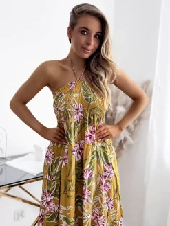 Royalfashion Żółta damska sukienka midi z kwiecistym wzorem