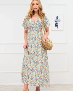 Royalfashion Żółta damska sukienka maxi w kwiaty