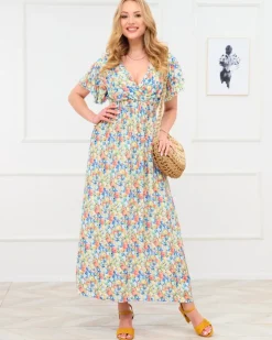 Royalfashion Żółta damska sukienka maxi w kwiaty