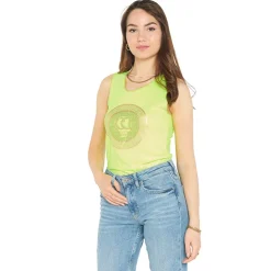 Royalfashion Żółta neonowa bluzka na ramiączkach z printem i cyrkoniami