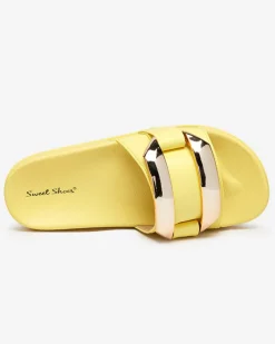 Royalfashion Żółte damskie klapki ze złotą ozdobą Serina