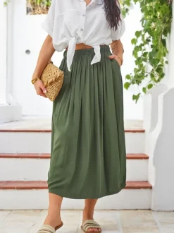 Royalfashion Wiskozowa Damska spódnica midi letnia i zwiewna z dwoma kieszeniami