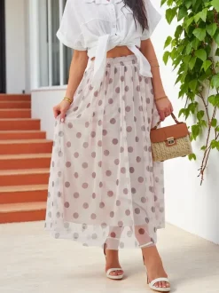 Royalfashion Wiskozowa damska spódnica midi z tiulem w kropeczki