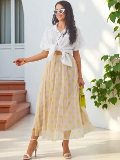 Royalfashion Wiskozowa damska spódnica midi z tiulem w kropeczki