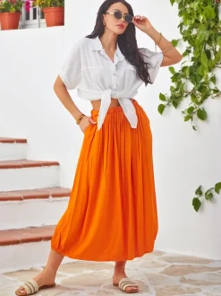 Royalfashion Wiskozowa Damska spódnica midi letnia i zwiewna z dwoma kieszeniami