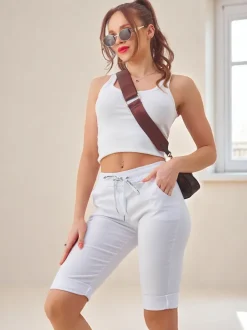 Royalfashion Wiskozowe materiałowe krótkie spodenki damskie do kolana