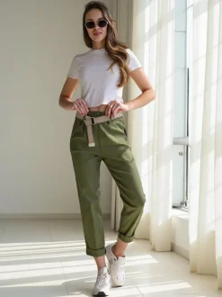 Royalfashion Wiskozowe proste spodnie damskie z paskiem