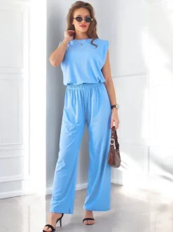 Royalfashion Wiskozowy damski komplet prążkowany, bez rękaw i z poszerzanymi spodniami