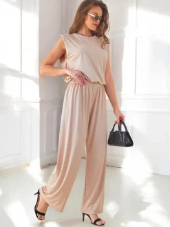 Royalfashion Wiskozowy damski komplet prążkowany, bez rękaw i z poszerzanymi spodniami