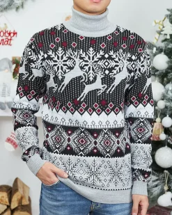 Royalfashion Świąteczny męski sweter z golfem w kolorze szarym