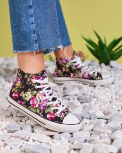 Royalfashion Wysokie czarne trampki damskie we wzór w kwiaty Soxic