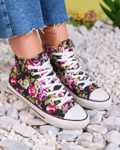 Royalfashion Wysokie czarne trampki damskie we wzór w kwiaty Soxic