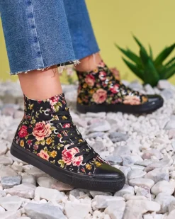Royalfashion Wysokie czarne trampki damskie z printem w kwiaty Fahenna