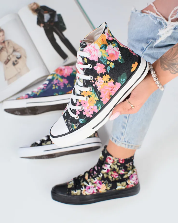 Royalfashion Wysokie grafitowe trampki damskie z nadrukiem w kolorowe kwiaty Fahenna