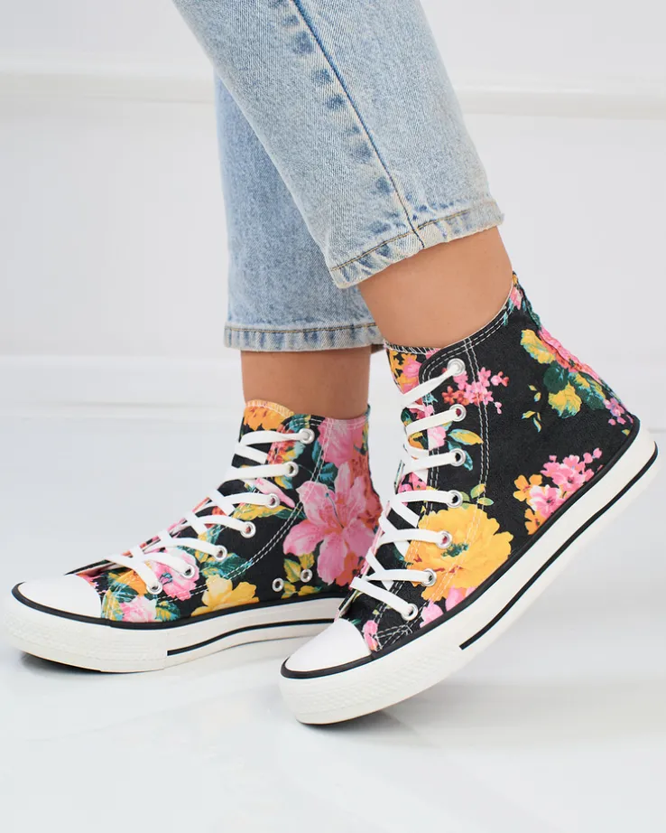 Royalfashion Wysokie grafitowe trampki damskie z nadrukiem w kolorowe kwiaty Fahenna