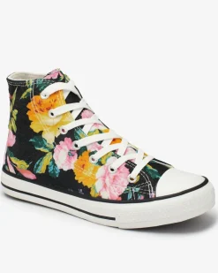 Royalfashion Wysokie grafitowe trampki damskie z nadrukiem w kolorowe kwiaty Fahenna