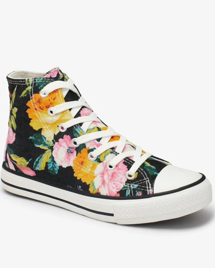 Royalfashion Wysokie grafitowe trampki damskie z nadrukiem w kolorowe kwiaty Fahenna