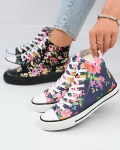 Royalfashion Wysokie granatowe trampki damskie z nadrukiem w kolorowe kwiaty Fahenna