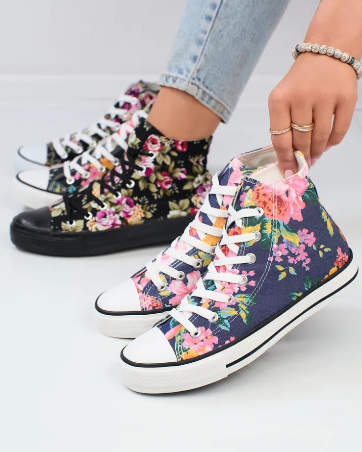 Royalfashion Wysokie granatowe trampki damskie z nadrukiem w kolorowe kwiaty Fahenna