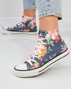 Royalfashion Wysokie granatowe trampki damskie z nadrukiem w kolorowe kwiaty Fahenna