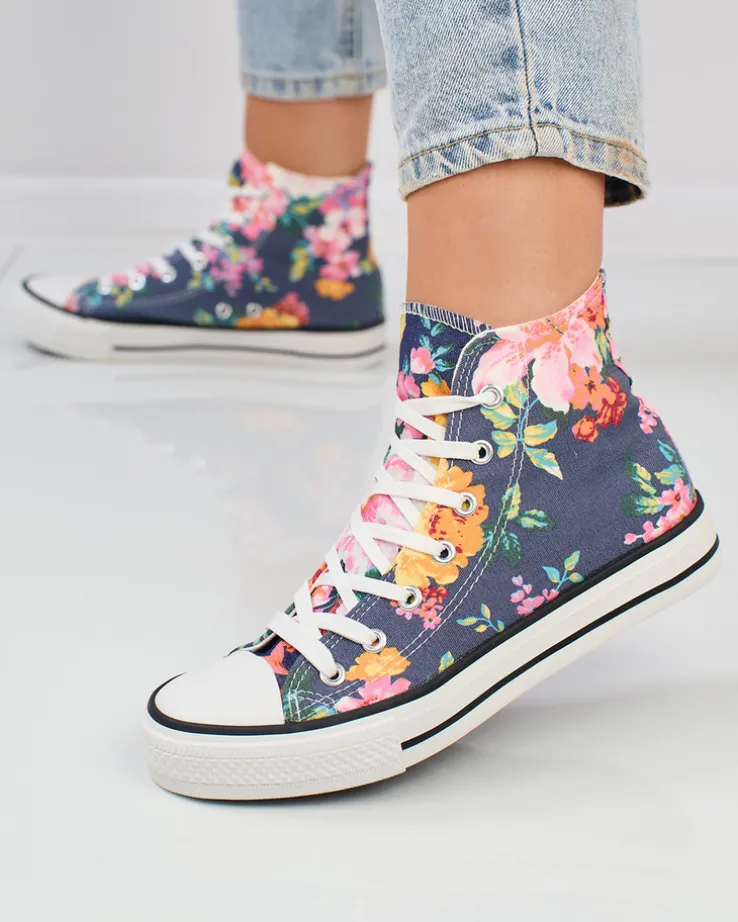 Royalfashion Wysokie granatowe trampki damskie z nadrukiem w kolorowe kwiaty Fahenna