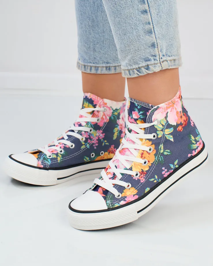 Royalfashion Wysokie granatowe trampki damskie z nadrukiem w kolorowe kwiaty Fahenna