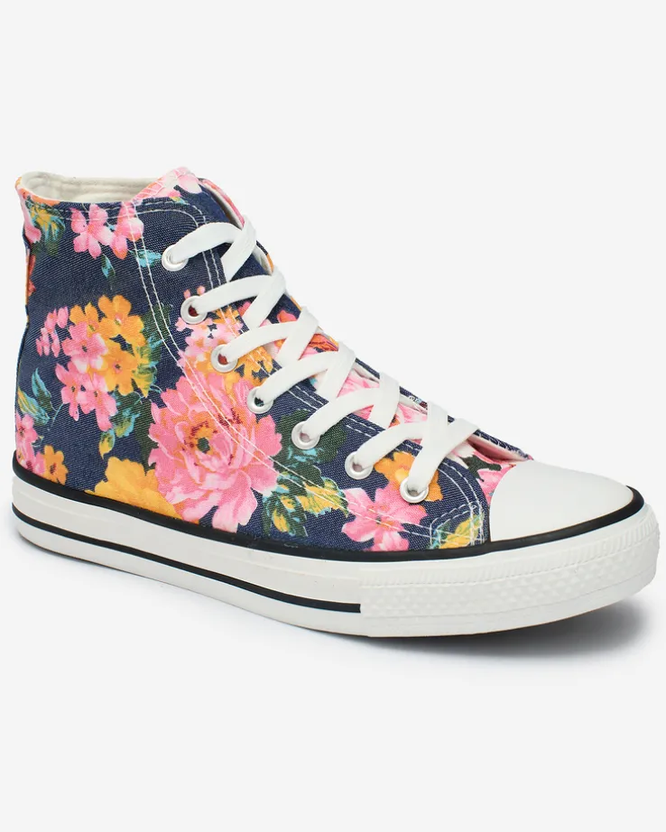 Royalfashion Wysokie granatowe trampki damskie z nadrukiem w kolorowe kwiaty Fahenna