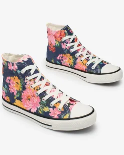 Royalfashion Wysokie granatowe trampki damskie z nadrukiem w kolorowe kwiaty Fahenna