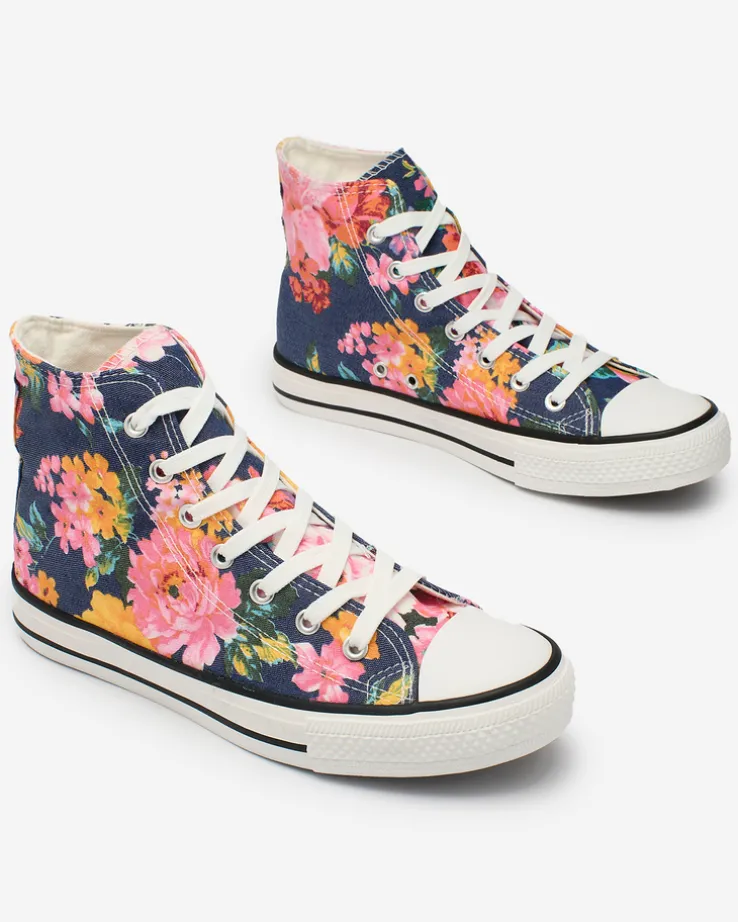 Royalfashion Wysokie granatowe trampki damskie z nadrukiem w kolorowe kwiaty Fahenna