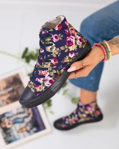 Royalfashion Wysokie granatowe trampki damskie w kolorowe kwiaty Soxic