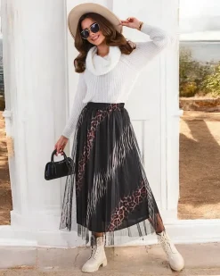 Royalfashion Wzorzysta damska spódnica midi z tiulem