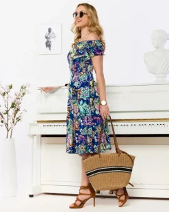 Royalfashion Wzorzysta kobaltowa krótka sukienka damska