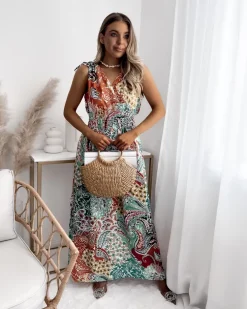 Royalfashion Wzorzysta zielono - pomarańczowa damska sukienka