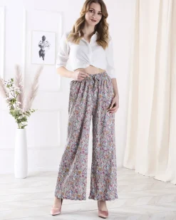 Royalfashion Wzorzyste szerokie spodnie damskie w kolorze kremowym