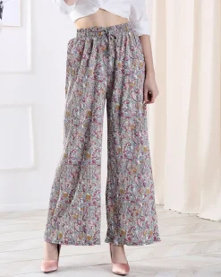 Royalfashion Wzorzyste szerokie spodnie damskie w kolorze kremowym