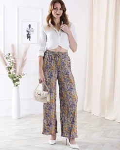 Royalfashion Wzorzyste szerokie spodnie damskie w kolorze żółtym