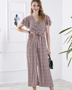 Royalfashion Wzorzysty długi kombinezon damski z wiązaniem w kolorze czerwonym