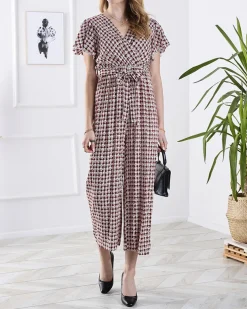 Royalfashion Wzorzysty długi kombinezon damski z wiązaniem w kolorze czerwonym